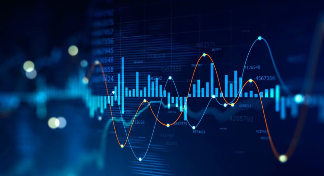 Futuristic HUD digital graph interface over blurry dark blue background. Concept of stock market and trading. 3d rendering double exposure